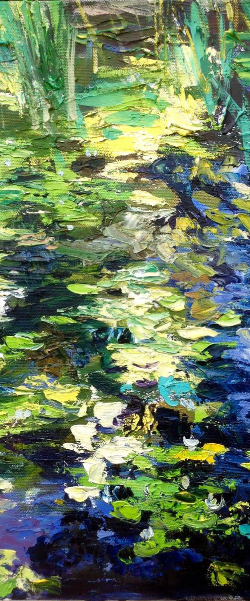 Abstract water lilies pond oil painting landscape river sunlight by Nataliia Nosyk