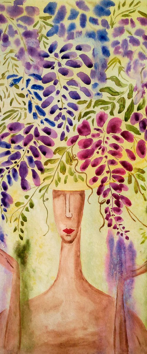 Lady in flower hat purple wisteria flowers original watercolor painting " Bright lady under the rain" by Halyna Kirichenko