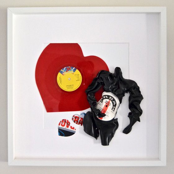 Wall Mounted White Box Framed Vinyl Music Record Sculpture with Red Love Heart
