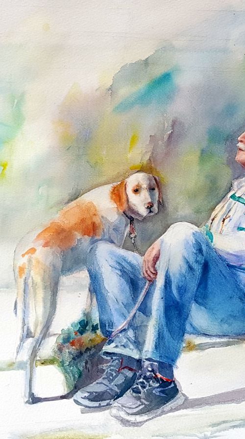 MAN AND DOG. LAZY SUNDAY original watercolour XXL by Beata van Wijngaarden