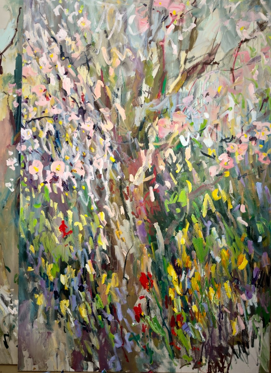 Expressive Landscape Oil Painting By Lilia Orlova-Holmes, 39 X 59", A Day In April, Original Artwork