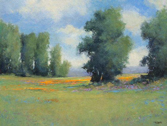 Spring Afternoon 220327, flower field impressionist landscape oil painting