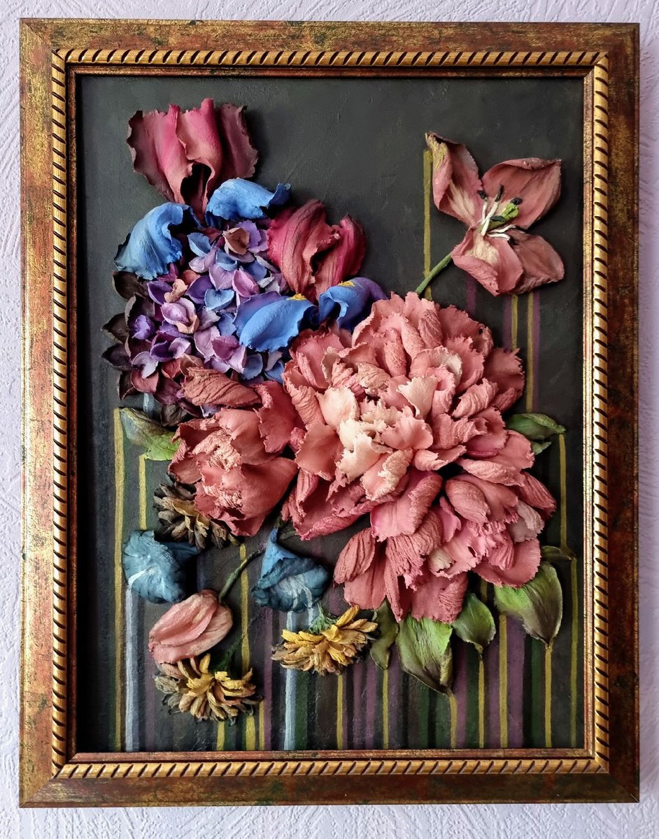 Photorealistic Still Life Sculpture By Irina Stepanova, 12 X 16, Bouquet Of Flowers /Bas-Relief, Original Artwork