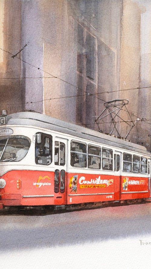 Red and White Tram - 40x30cm Watercolor by Masato Watanabe