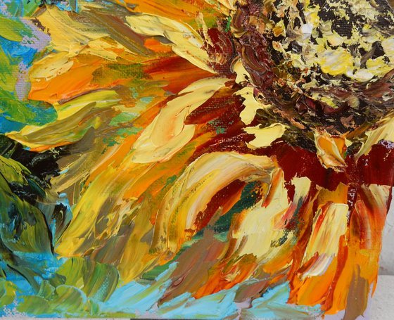 Sunflower,  Impasto oil painting. Palette knife, heavy textured art