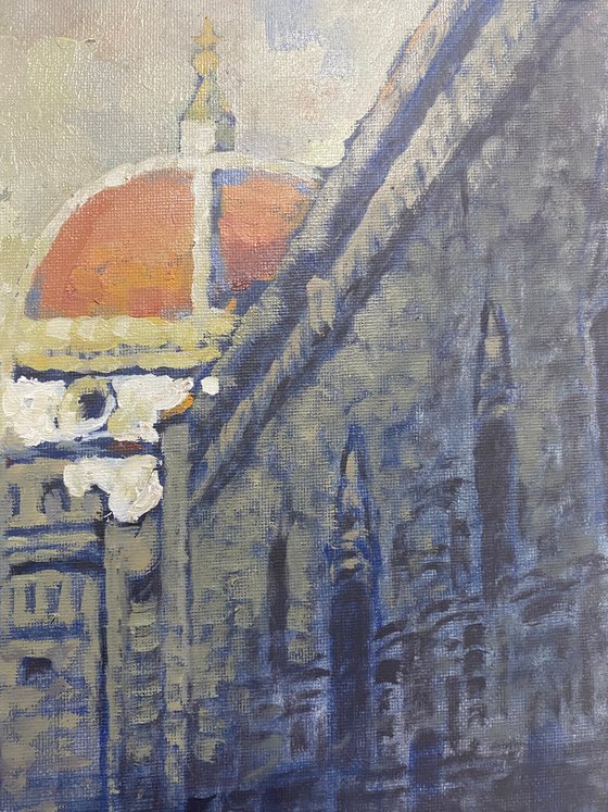 Original Oil Painting Wall Art Artwork Signed Hand Made Jixiang Dong Canvas 25cm × 30cm Cathedral Florence small building Impressionism