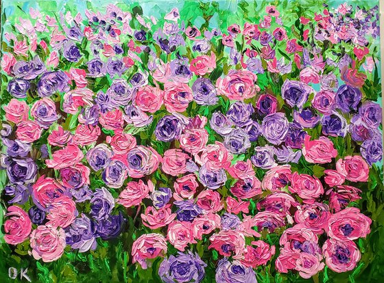 FIELD OF Happyness PURPLE PINK WHITE  ROSES  palette knife modern decor MEADOW OF FlOWERS, LANDSCAPE,  office home decor gift