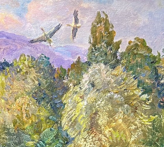 Storks Over the Summer River