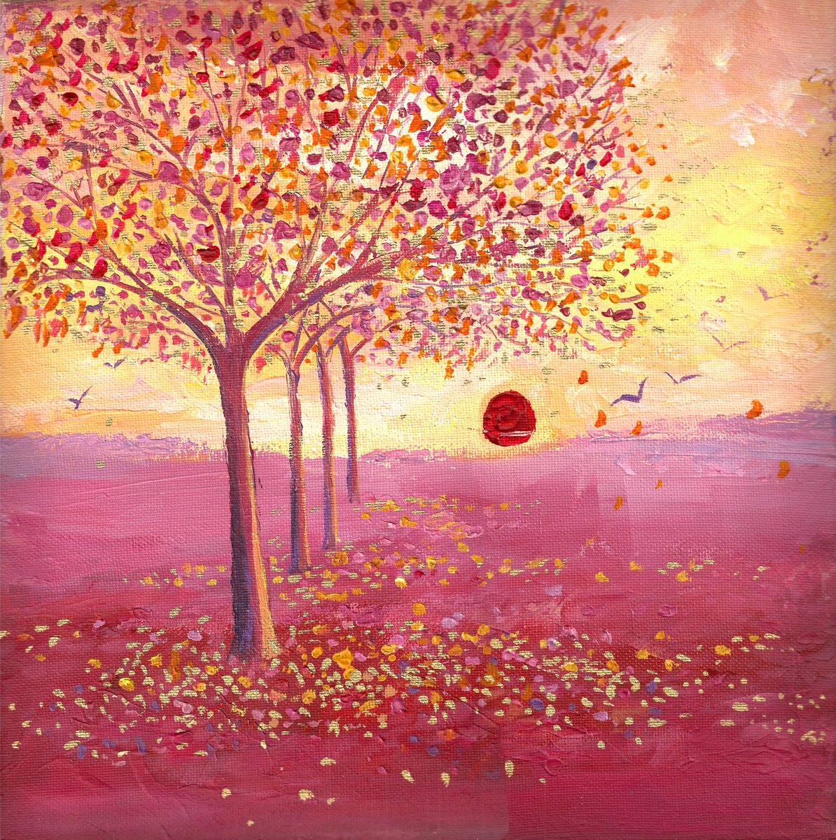 Impressionistic Landscape Acrylic Painting By Mary Stubberfield, 12 X 12", Autumn Trees, Original Artwork