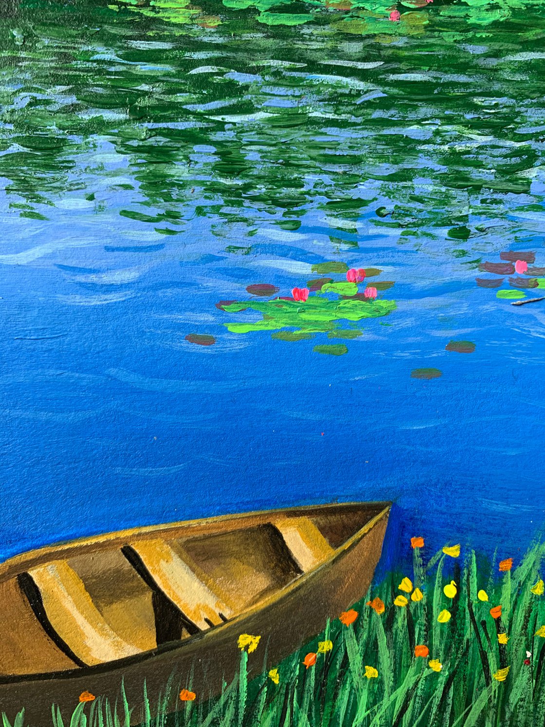 Boat near water lily pond ! A4 size Painting on paper Acrylic painting by Amita  Dand