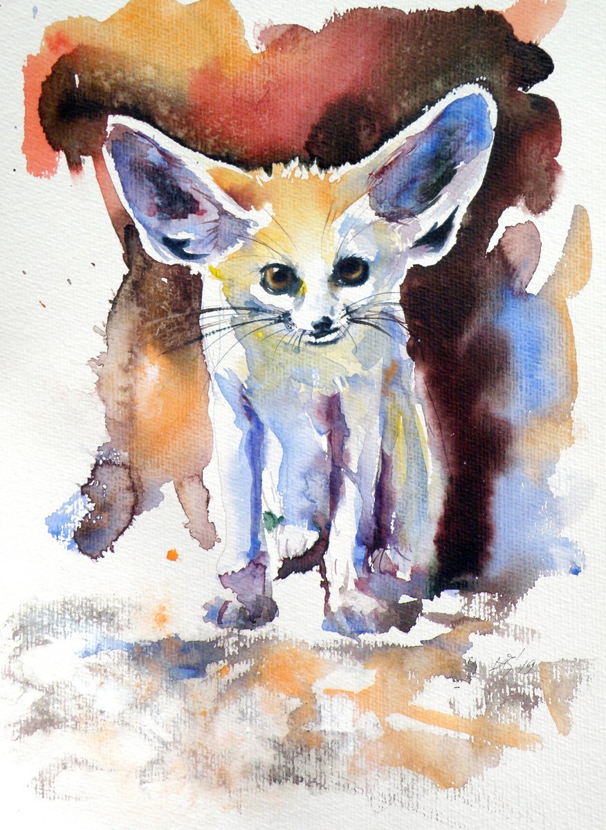 Impressionistic Animal Watercolour By Kovacs Anna Brigitta, 10 X 14", Desert Fox Watching, Original Artwork