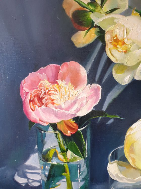 "And one of them is pink. "   peonies flower 2021