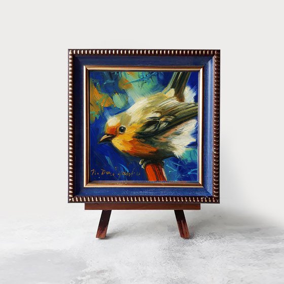 Robin Bird oil painting original art 4x4 in frame, Cute little bird picture small art framed wildlife painting