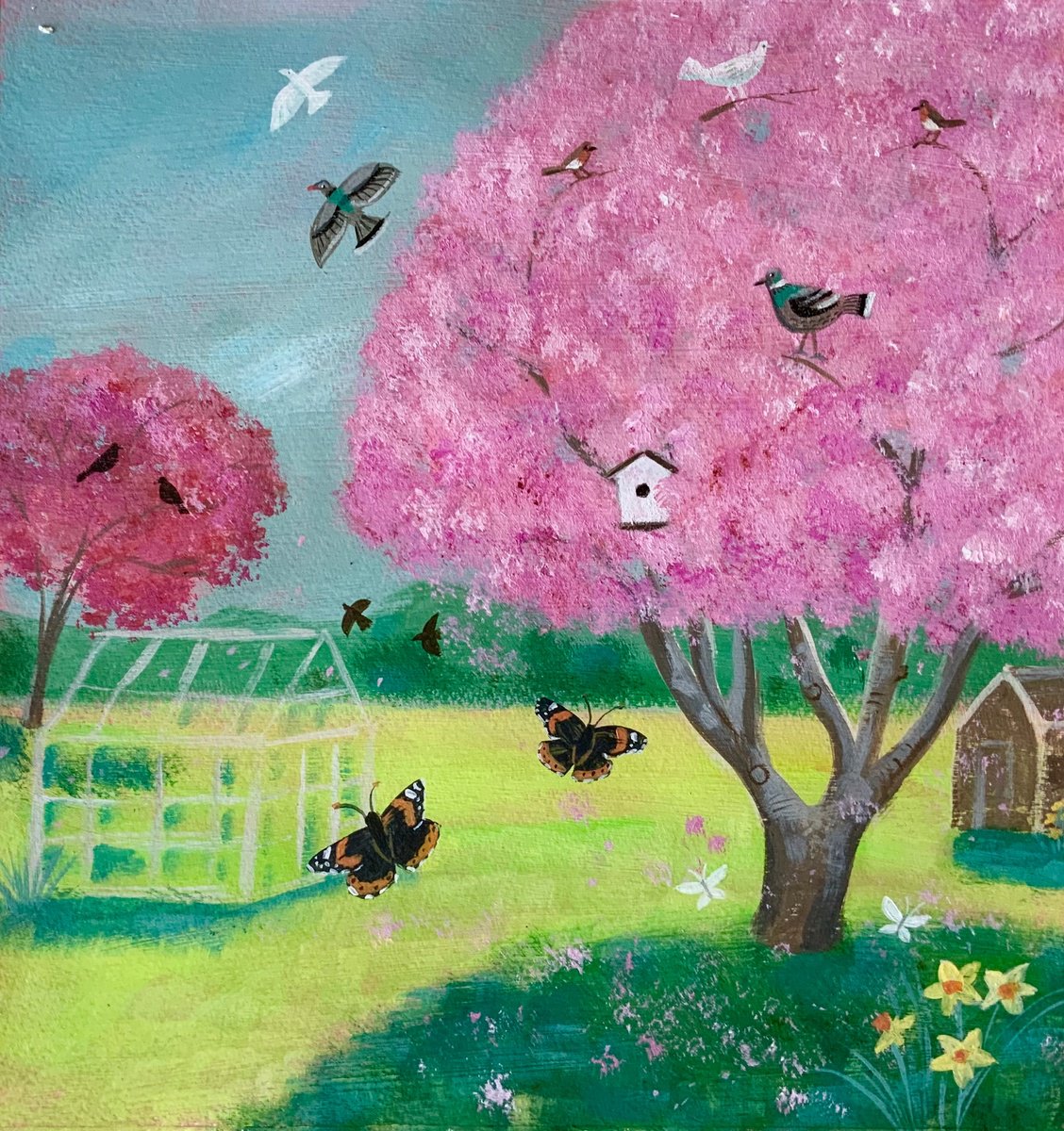 Impressionistic Landscape Acrylic Painting By Mary Stubberfield, 11 X 13", Blossom Trees And Greenhouse, Original Artwork
