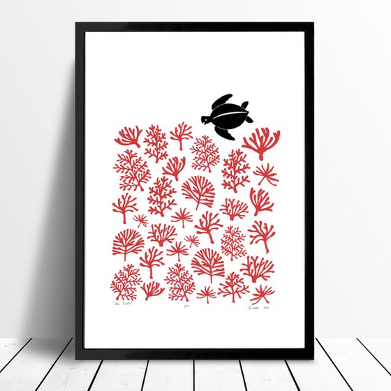 Sea Turtle Print A3 Size in Aurora Red - Framed - FREE UK Delivery