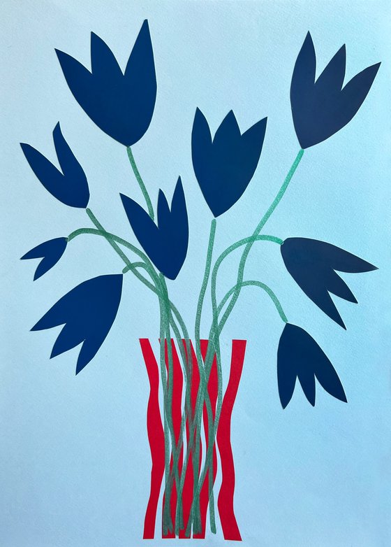 Blue Tulips in Striped Vase