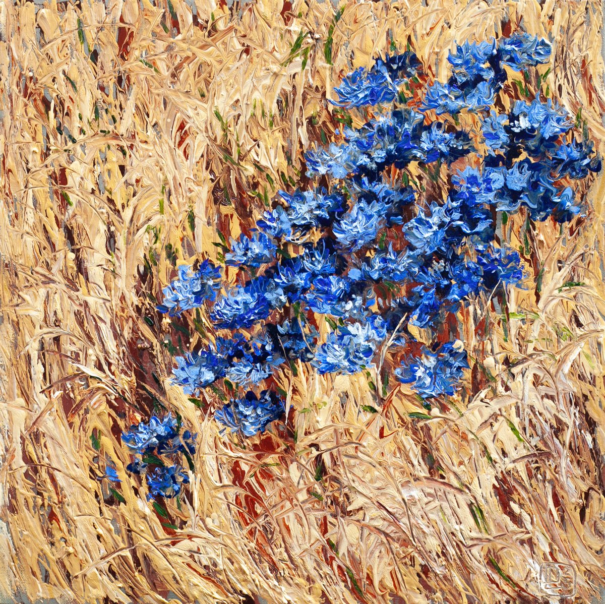 Impressionistic Botanical Oil Painting By Liudmila Pisliakova, 12 X 12", Cornflowers, Original Artwork