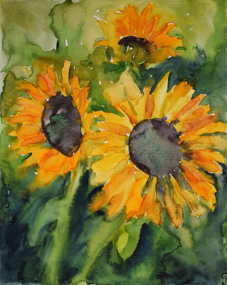 Sunflowers painting, Yellow Flowers Original Watercolor Painting, Thanksgiving Gift by Kate Grishakova