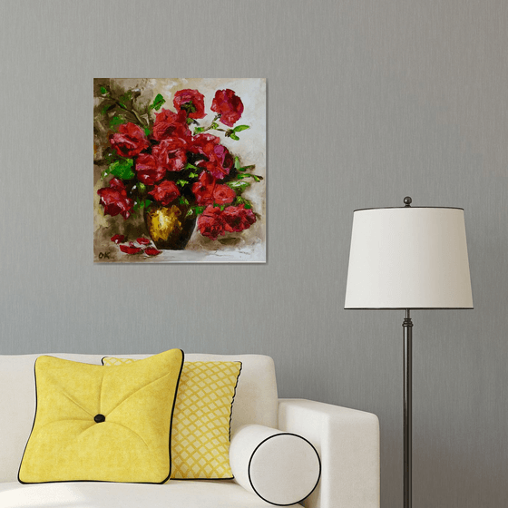 BOUQUET OF RED ROSES  palette knife still life  flowers Dutch style  office home decor gift