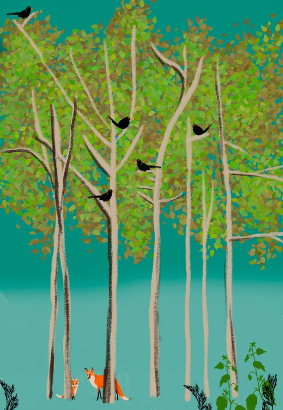 The Blackbirds , cute lovebird tree artwork