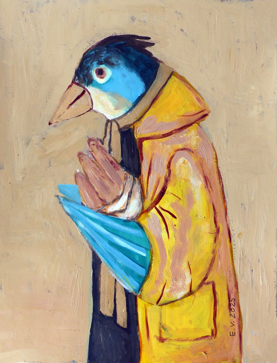 Surrealistic Animal Acrylic Painting By Elizabeth Vlasova, 12 X 17, Pigeon With Bread, Original Artwork