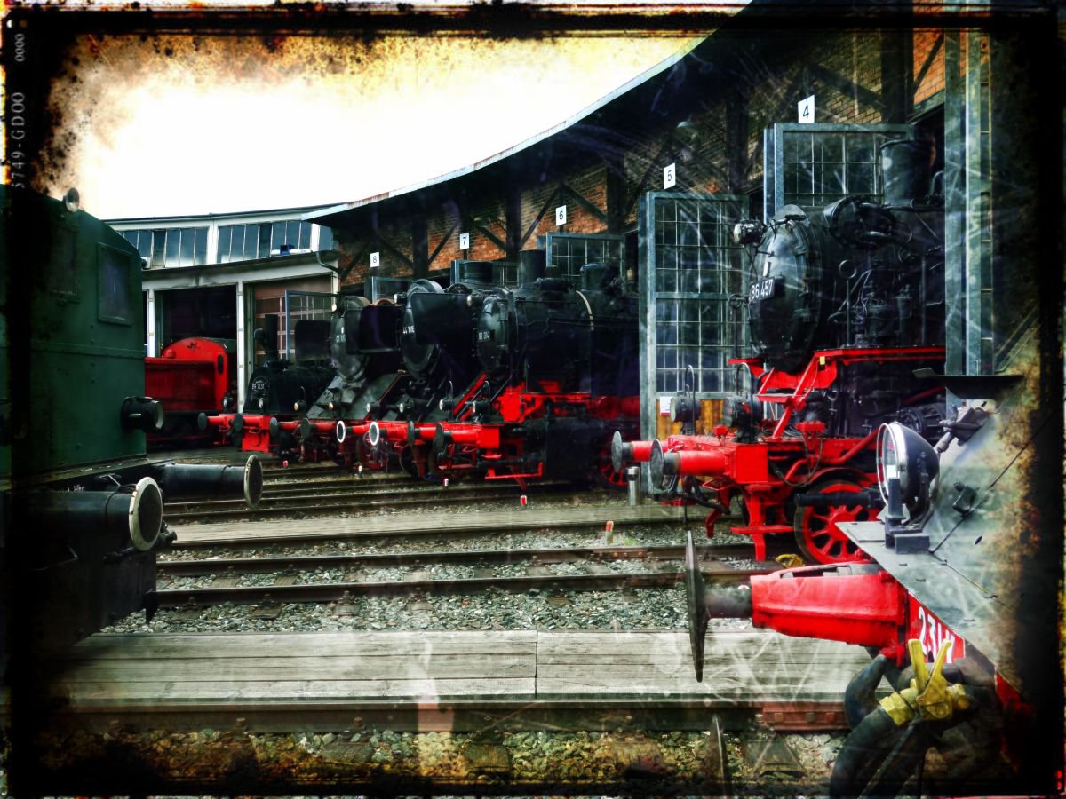 Old steam trains in the depot - print on canvas 60x80x4cm - 08486m2 by Kuebler