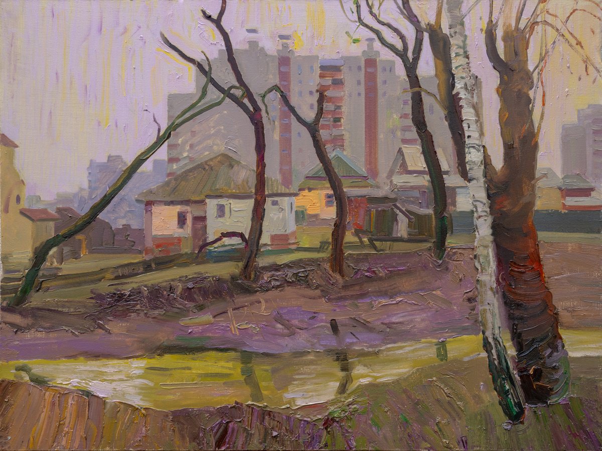 Impressionistic Landscape Oil Painting By Victor Onyshchenko, 31 X 24", Houses Near River, Original Artwork