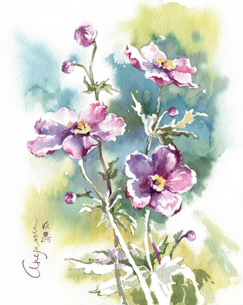 Anemone flowers original botanical watercolor by Ksenia Selianko