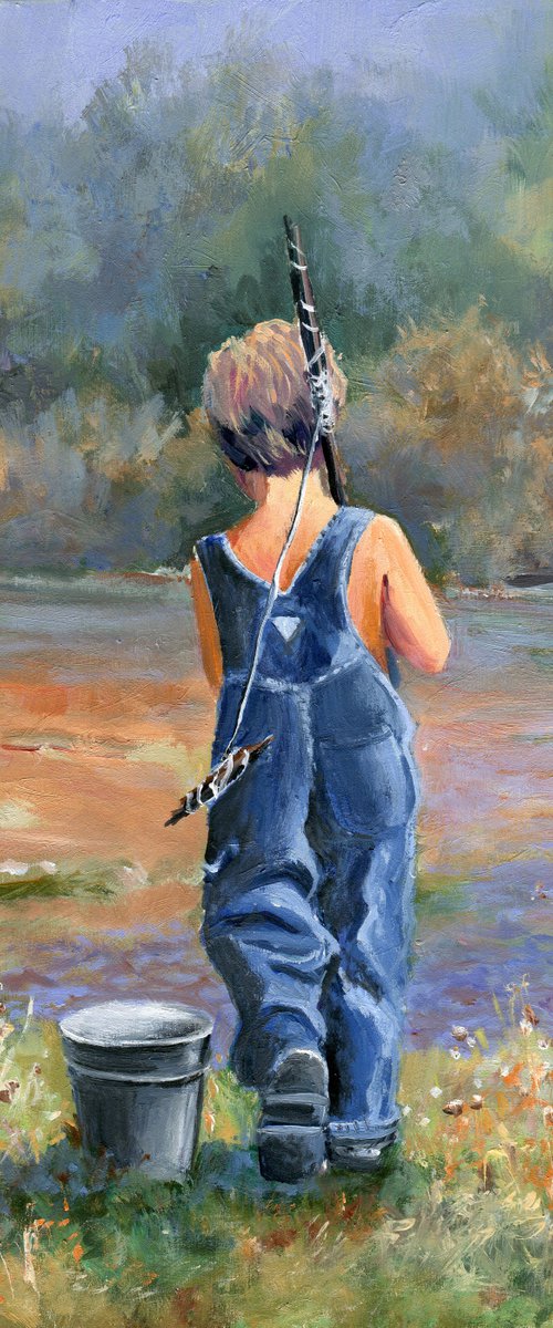 Boy fishing oil painting, 'Happy summer days'. by Lucia Verdejo