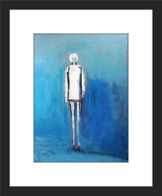 GIRL FASHION STUDENT MODELS WHITE SMOCK DRESS in the BLUES. Original Female Figurative Oil Painting. Varnished.