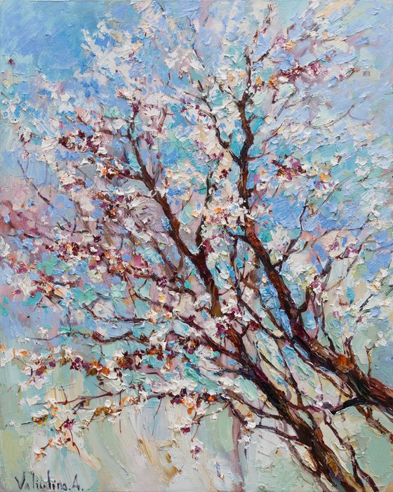 Flowering apricot tree Original oil painting