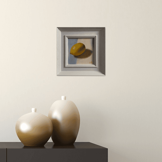 Lemon Still Life original oil realism painting, with wooden frame.