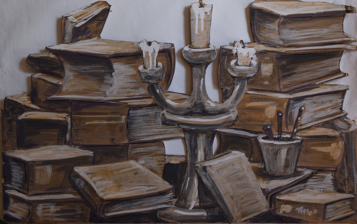 Still Life Painting By Antonio Mele, 36 X 24, Books And Candlestick, Original Artwork