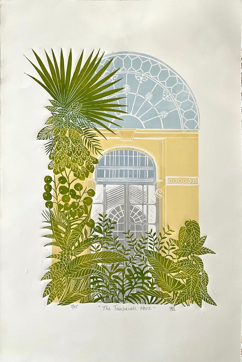 Botanical Linocut By Alison Headley, 15 X 23, The Temperate House, Original Artwork