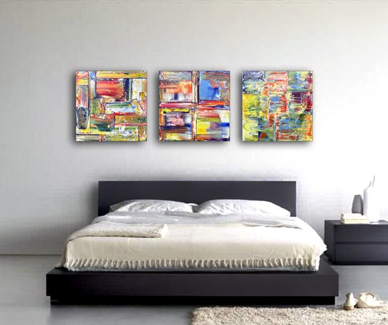 "Three's A Crowd" - FREE USA SHIPPING - Original Large PMS Abstract Triptych Oil Paintings On Canvas - 60" x 20"