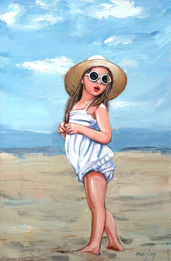 " ON THE BEACH 01... " ORIGINAL PAINTING PALETTE KNIFE, GIFT,CHILDREN