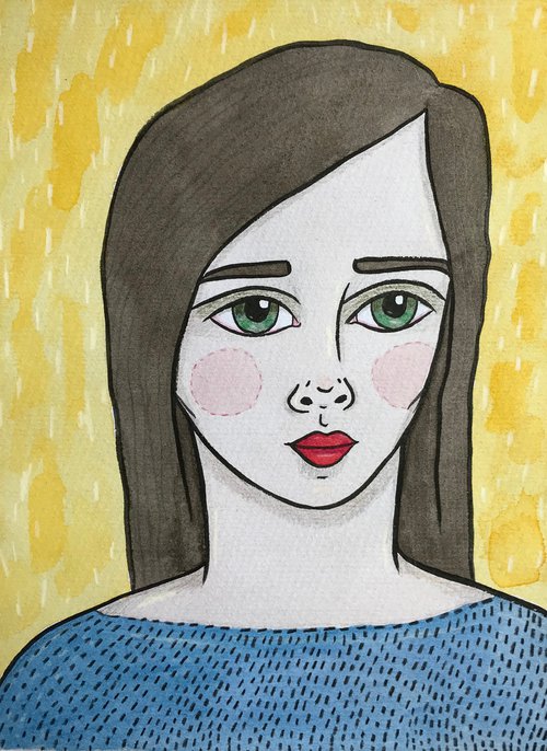 Yellow & Blue Portrait  - original mixed media painting by Kitty  Cooper