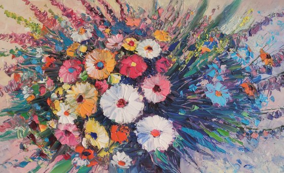 Field flowers in a vase (50x70cm, oil painting,  ready to hang)