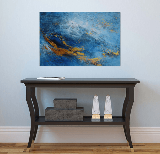 Large Blue and Gold Contemporary Abstract Landscape, Ocean Painting # 810-31. Textured Art