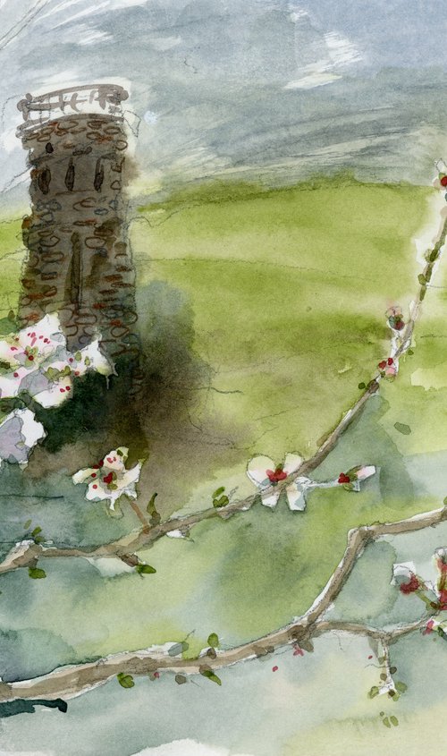 Landscape with an old tower and plum blossoms. by Tatyana Tokareva