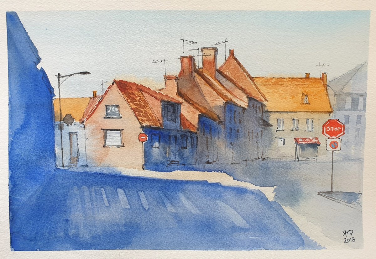 Impressionistic Landscape Drawing By Ksenia June, 10 X 7", Morning Shadows In France, Original Artwork