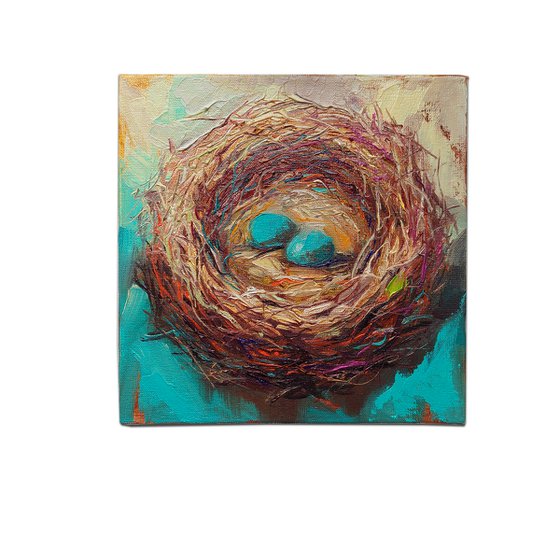 Robins blue eggs painting canvas oil original, Small art framed painting 6x6, Turquoise eggs miniature wall art