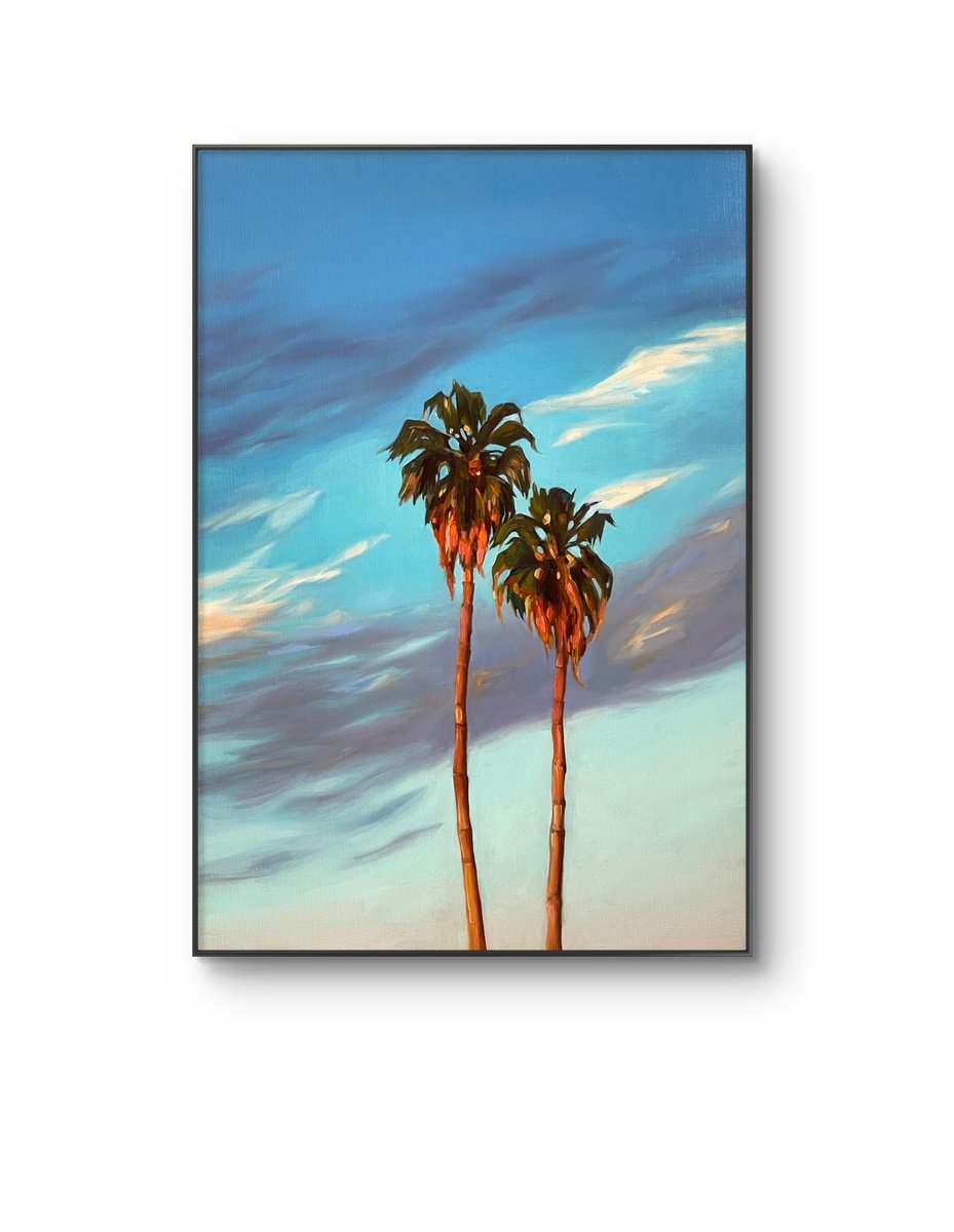 Impressionistic Landscape Oil Painting By Guzel Min, 20 X 29, Palm Trees At Sunsets, Original Artwork