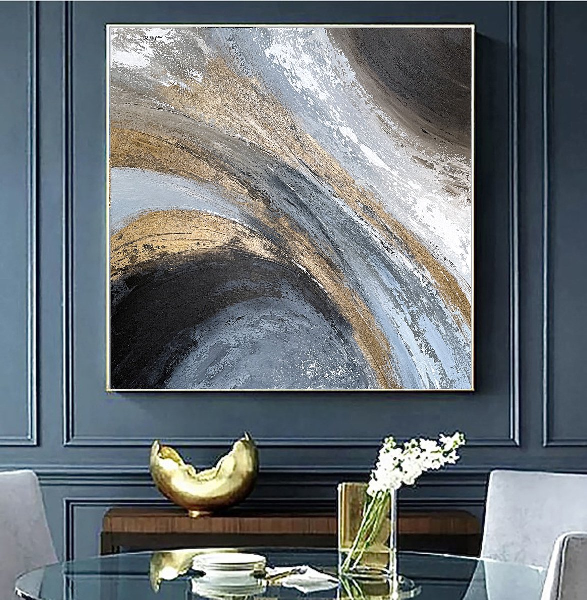 Golden Motion In Blue And Stone.gold Textured By Tatiana Malinovscaia, 31 X 31, Artwork For Sale On Artfinder