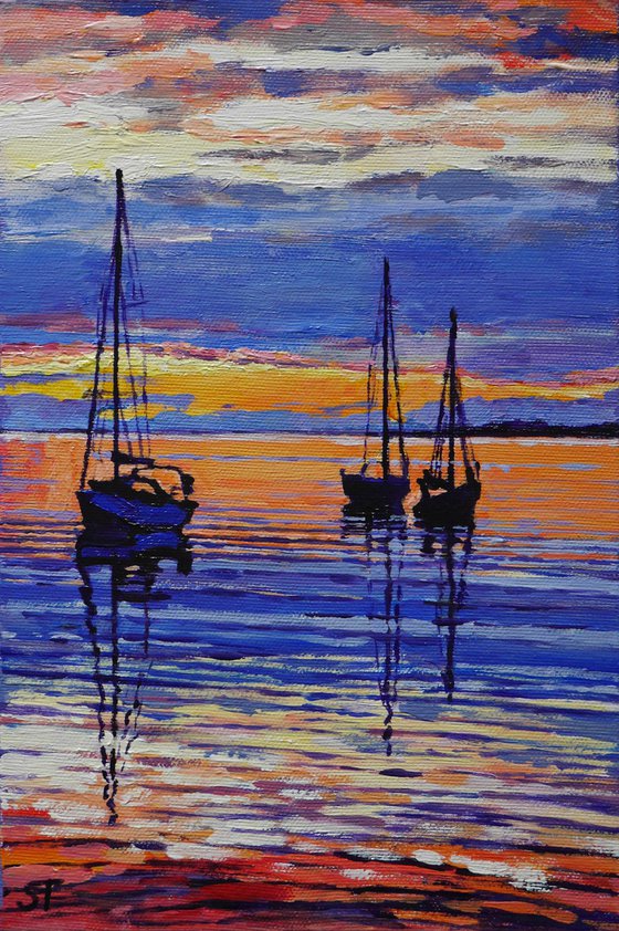 "SUNDOWN AND BOATS".  ORIGINAL  PAINTING, READY TO HANG, WALL DECOR, GIFT IDEA