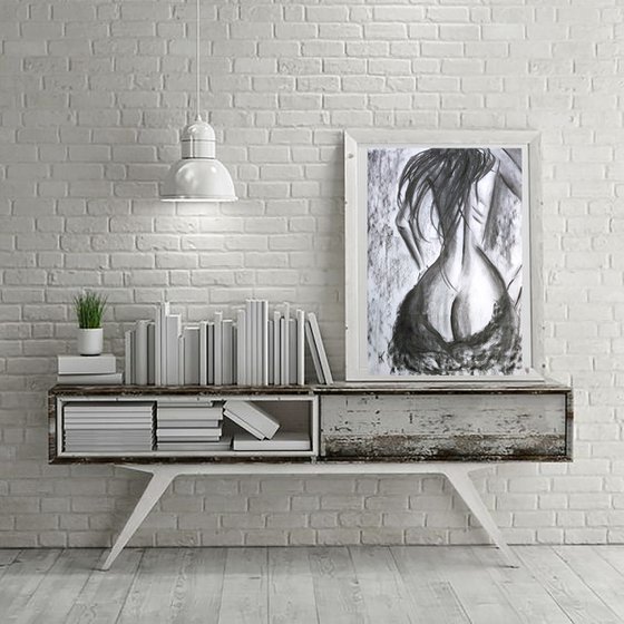 Nude Painting Female Original Art Standing Woman Drawing Charcoal Black and White Home Erotic Wall Art 13 by 18" by Halyna Kirichenko