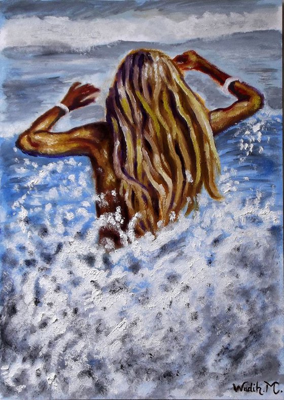 SEASIDE GIRL - THE SPLASHING WAVES - Thick oil painting - 29.5x42cm