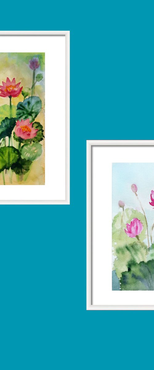 Set of painterly water lilies by Asha Shenoy