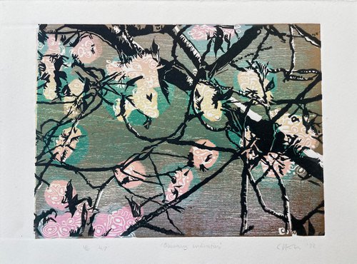Blossoming Inclinations - Spring Blossom Contemporary Linocut Print by C Staunton