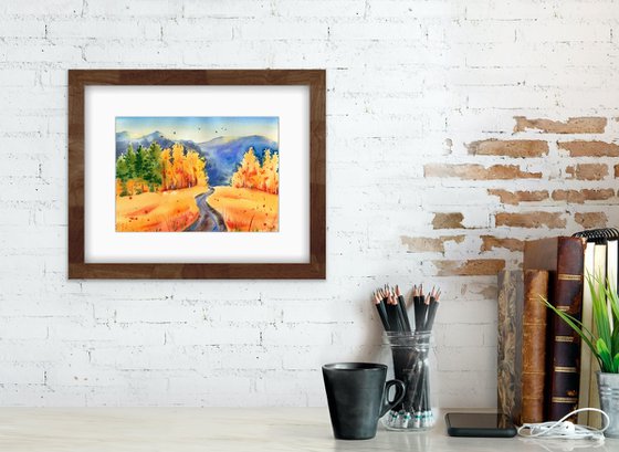 Colorful autumn landscape. The road to the mountains. Original watercolor artwork.